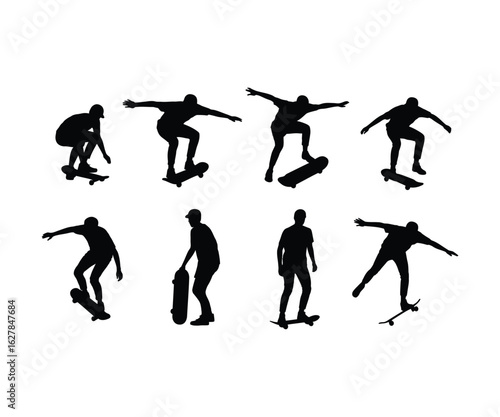 Skateboarder silhouettes performing action tricks