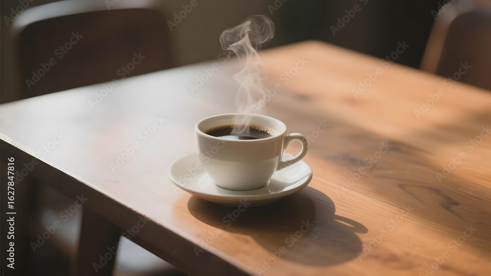 Steaming Cup of Coffee on a Wooden Table Steaming Cup of Coffee on a Wooden Table