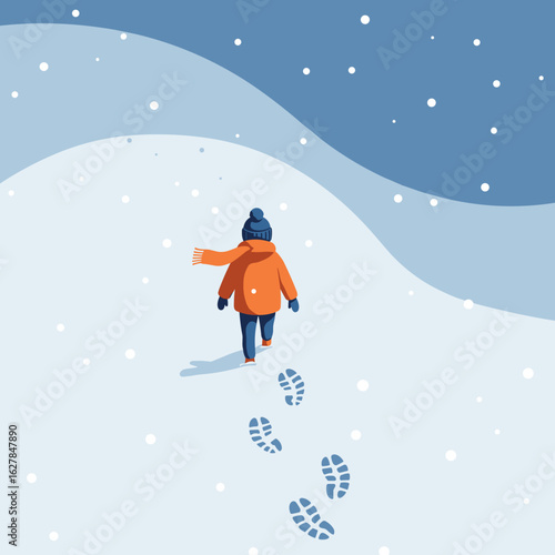 Child walking in snow with footprints on a winter day  