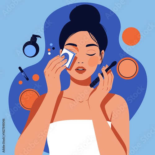 Woman removing makeup with a cotton pad on blue background  