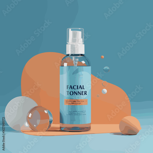 Bottle of facial toner with abstract shapes and bubbles on blue background  