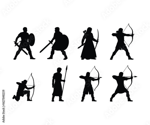 Warriors and archers silhouette illustrations on white