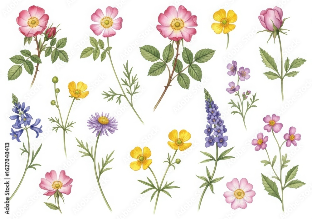 Watercolor painting of various wildflowers isolated on white background Watercolor painting of various wildflowers isolated on white background