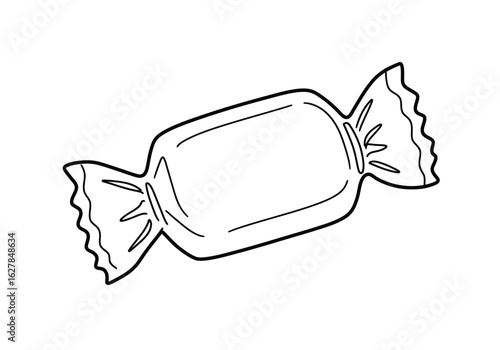 Candy wrapper drawing. It is a black and white outline drawing of a wrapped candy, depicting a sweet treat or confectionery. Vector sketch line art draw.