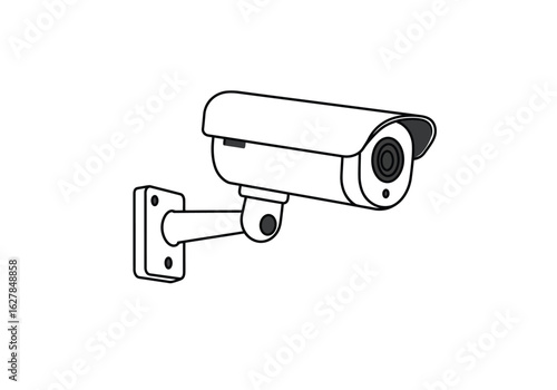 CCTV camera drawing. It is a black and white outline drawing of a CCTV surveillance camera mounted on a wall, representing security and video monitoring. Vector sketch line art draw.