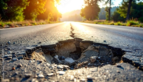 Road Damage with Pothole on Asphalt Road at Sunrise