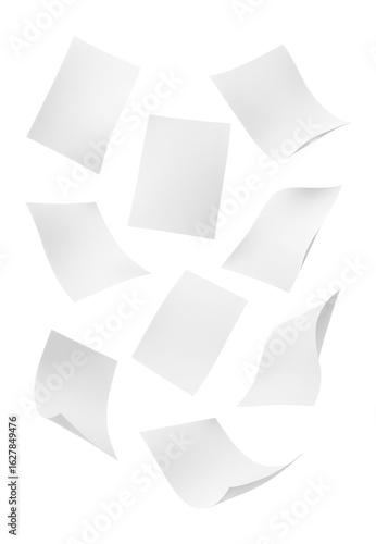 Multiple blank sheets of paper floating and curling in the air on transparent background.