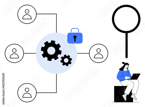 Network structure links people with gears and security lock, magnifying glass. Woman evaluates data on laptop. Ideal for teamwork, process, security, analysis, data sharing, research simple flat