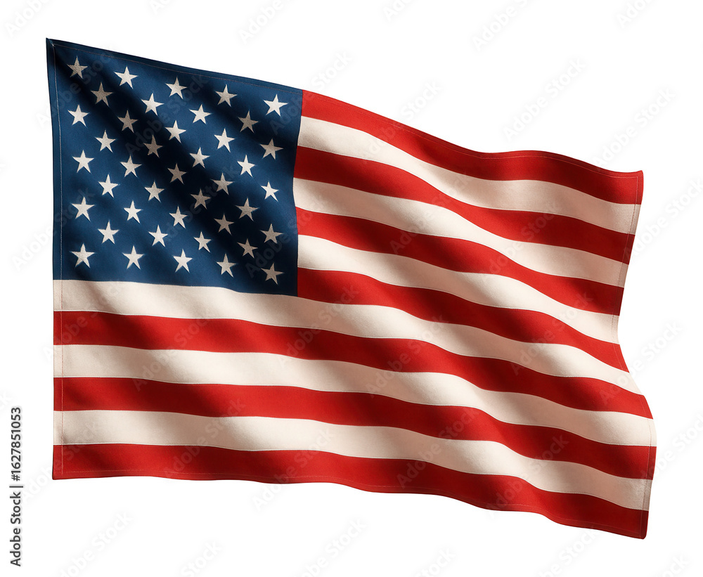Fototapeta premium Waving American flag with distinct stars and stripes on a transparent background.