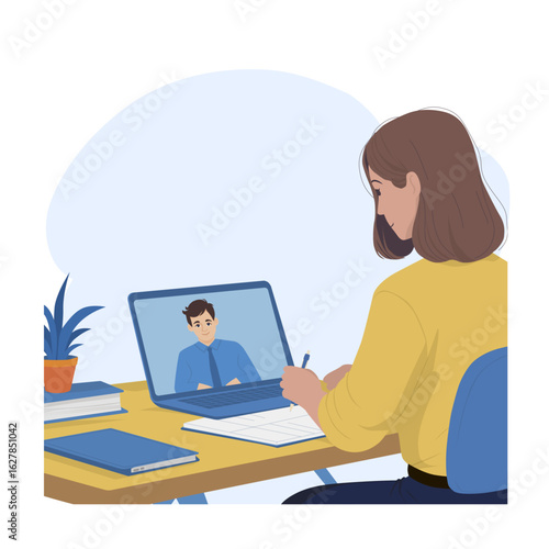 Woman engaged in an online meeting, taking notes at a desk with a laptop displaying a video call participant. This vector illustration highlights virtual communication and remote work.