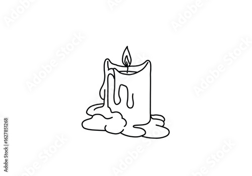 Melted candle drawing. It is a black and white outline drawing of a melted candle with wax dripping down its sides, showing the passage of time and warmth. Vector sketch line art draw.
