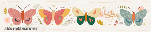 Autumn butterflies. Vector cute illustration of hand drawn butterfly, leaves, flower for background, poster or banner, kids design or greeting card