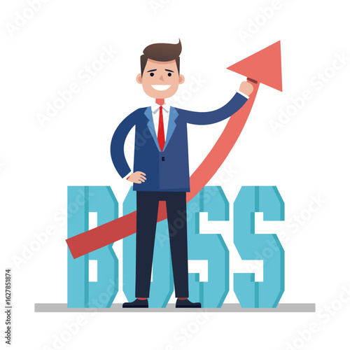 Confident Boss Holding Business Growth Arrow Symbolizing Success, Leadership, Financial Growth, and Corporate Strategy in a Modern Office Environment