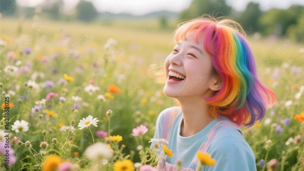 Person with vibrant rainbow hair smiling joyfully in a colorful wildflower meadow Person with vibrant rainbow hair smiling joyfully in a colorful wildflower meadow