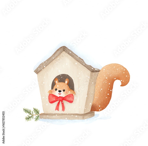 Adorable Watercolor Squirrel in Snowy Birdhouse, Wearing a Red Bow, Winter Wonderland Charm