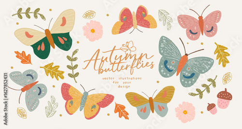 Autumn butterflies. Vector cute illustration of hand drawn butterfly, leaves, flower for background, poster or banner, kids design or greeting card