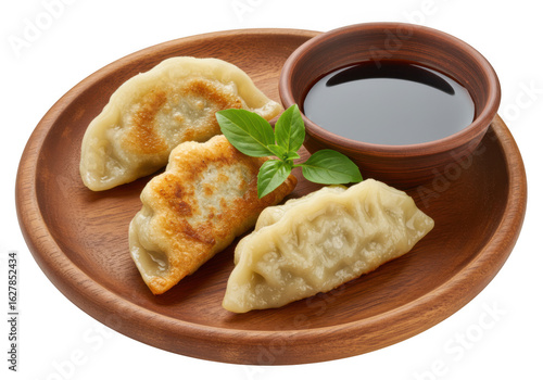 Three delicious gyoza dumplings with soy sauce and mint garnish on a wooden plate, isolated on transparent background