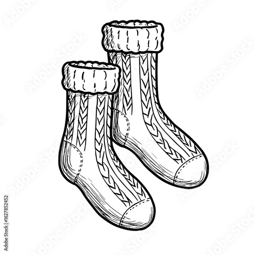 Hand-drawn black and white illustration of cozy winter socks  