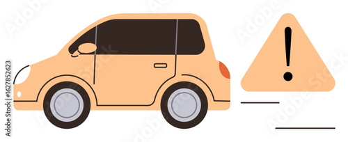 Compact orange car paired with a caution triangle and exclamation mark emphasizing driver attention. Ideal for traffic safety, driving awareness, vehicle alerts, hazard prevention, road warnings