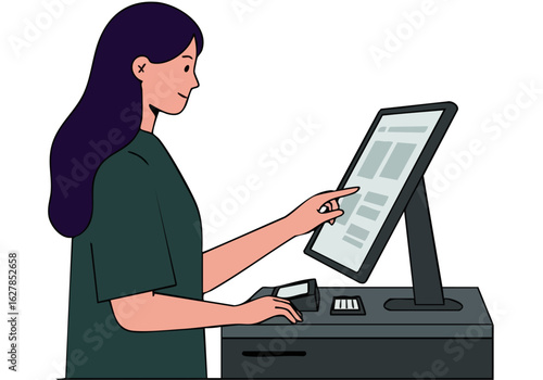 A young woman operates a digital kiosk, demonstrating modern retail technology. Clean lines and a pastel background create a professional and inviting visual.