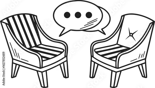 Conversation Icon – Two Chairs with Speech Bubble Vector Illustration
