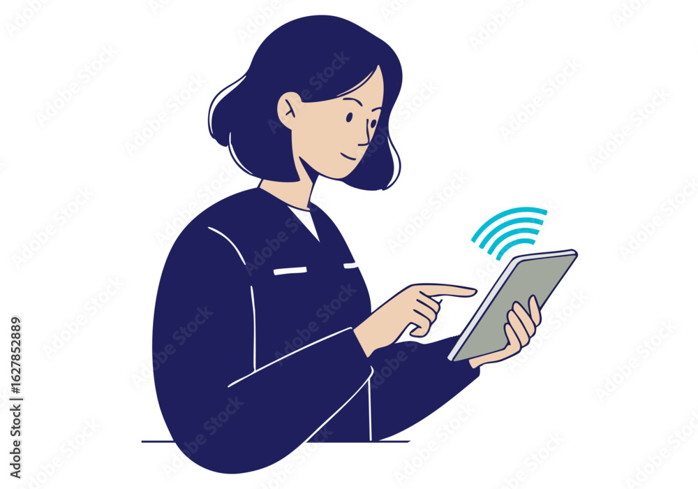 A young woman uses a tablet, connected by wireless signals, suggesting optimized movement and digital productivity. Modern, minimalist style. A young woman uses a tablet, connected by wireless signals, suggesting optimized movement and digital productivity. Modern, minimalist style.