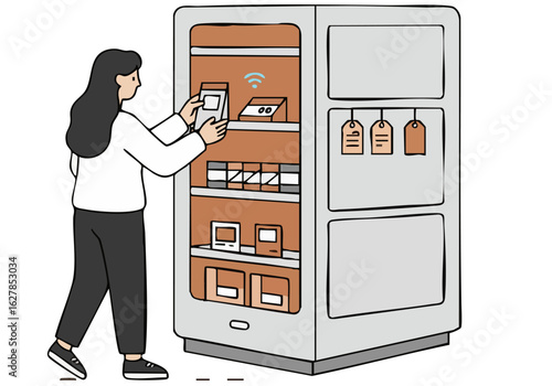 A woman uses a vending machine with a digital display. Clean, modern illustration. ?Maintain Smart? tagline. Minimalist design, pastel colors, focused on convenience and technology.