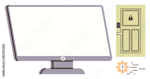 Blank monitor beside a locked door with a keypad, and a fast-moving gear with a clock. Ideal for cybersecurity, data privacy, access control, technology, software, workflow, simple flat metaphor
