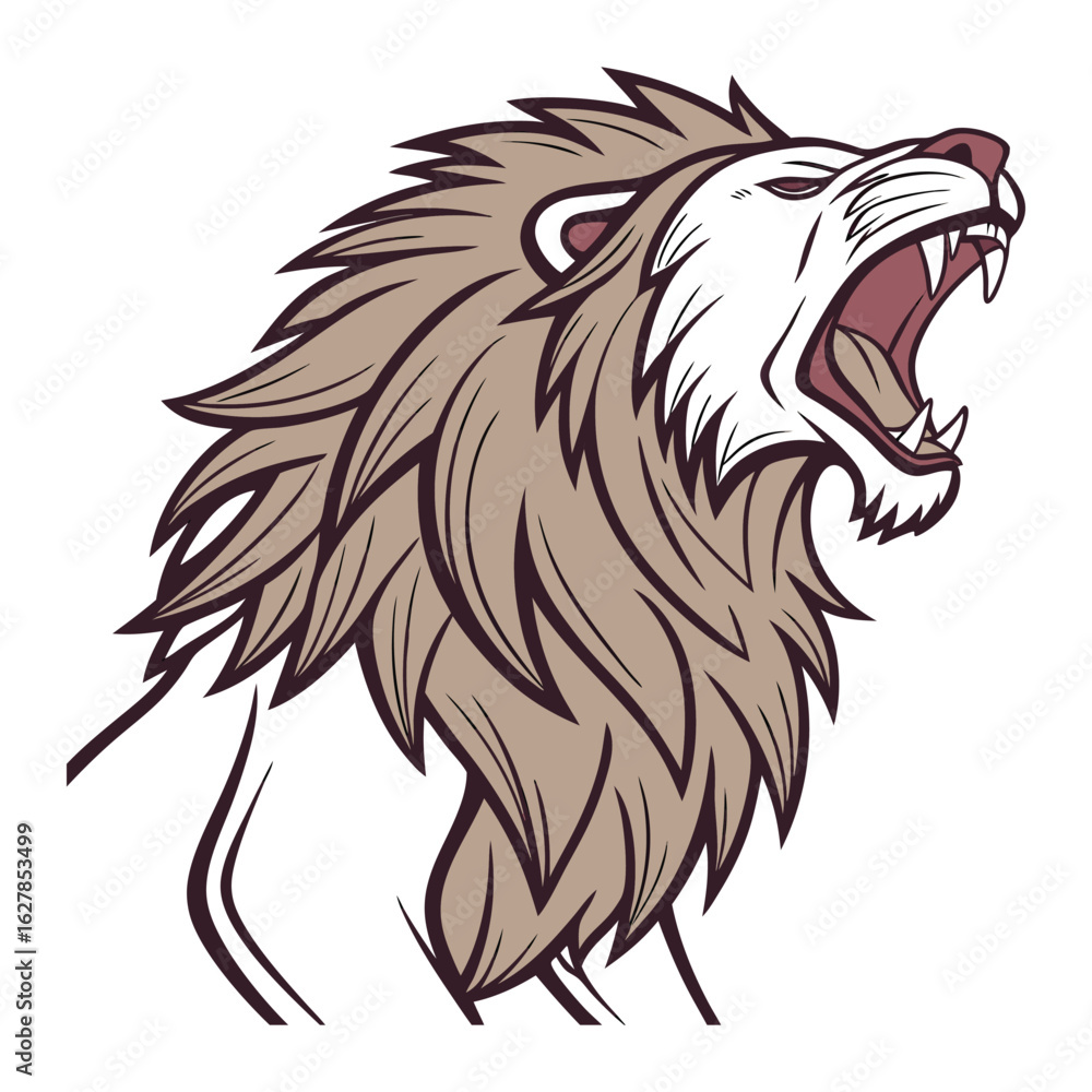 Fototapeta premium Majestic roaring lion illustration with fierce expression and flowing mane isolated on white background
