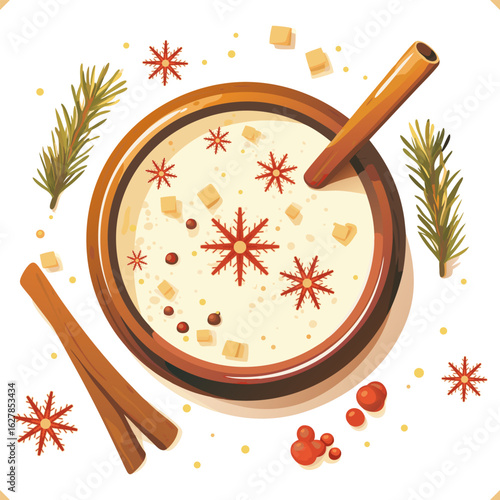 Eggnog with cinnamon stick, star anise, and orange slices in a glass, top view, vector on white background. Vector illustration of Christmas beverage on white background