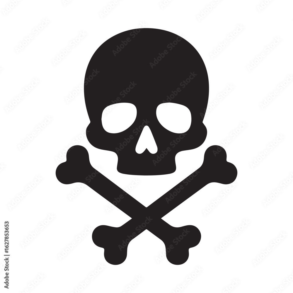 A stark graphic illustration of a skull and crossbones set against a crisp white background. A stark graphic illustration of a skull and crossbones set against a crisp white background.