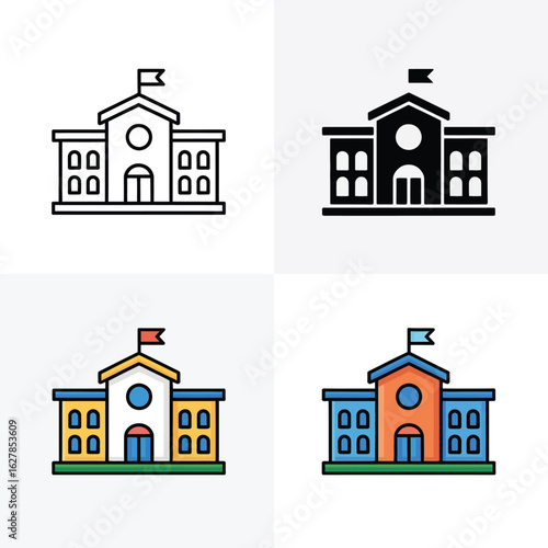 Four styles of school building icons with flags