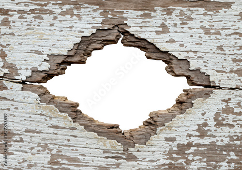 Closeup of a weathered old wood surface with peeling white paint and a diamondshaped hole isolated on transparent background