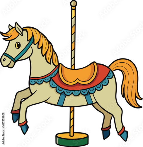 Cartoon carousel horse with decorative saddle and blue bridle amusement park fairground