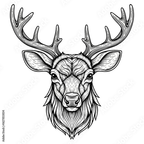 Intricate line art portrait of a majestic deer's head, showcasing detailed antlers and fur.