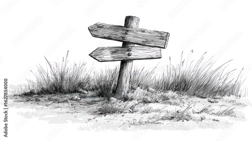 Naklejka premium Sketch of a rustic, weathered wooden signpost amidst tall grass and small rocks