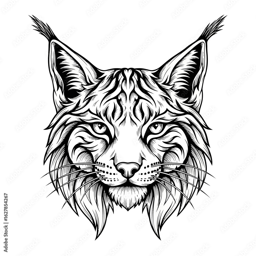 Obraz premium Intricate line art portrait of a lynx's head, showcasing detailed fur and piercing gaze.