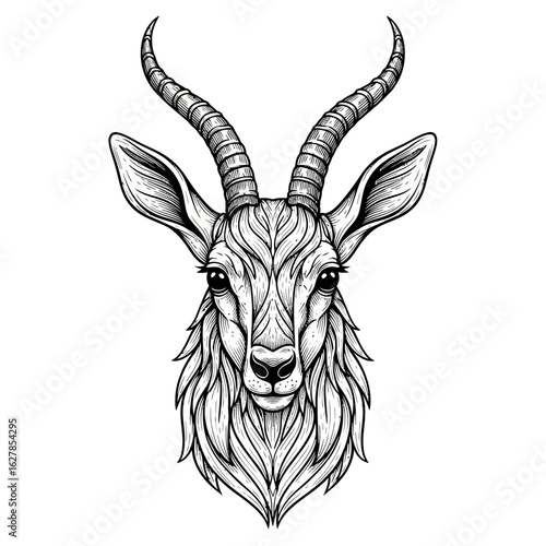 Intricate line art portrait of a springbok antelope head.