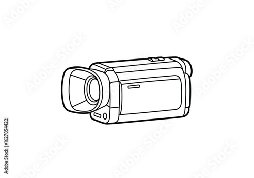 Camcorder drawing. It is a black and white outline drawing of a retro camcorder, a vintage electronic device used for recording video footage and capturing memories. Vector sketch line art draw.