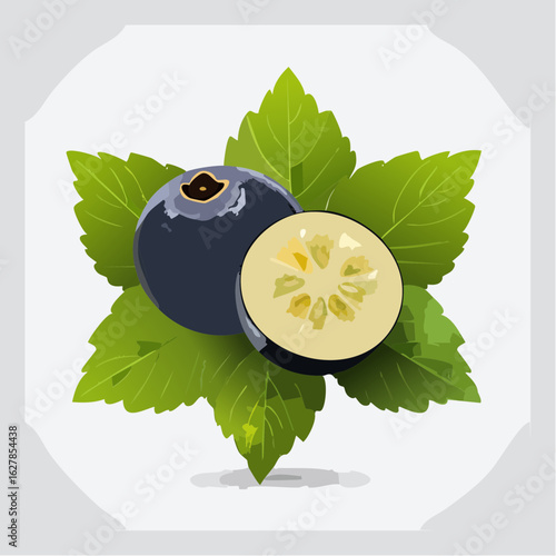 Illustration of blueberries with green leaves, showcasing freshness and natural appeal with vibrant colors