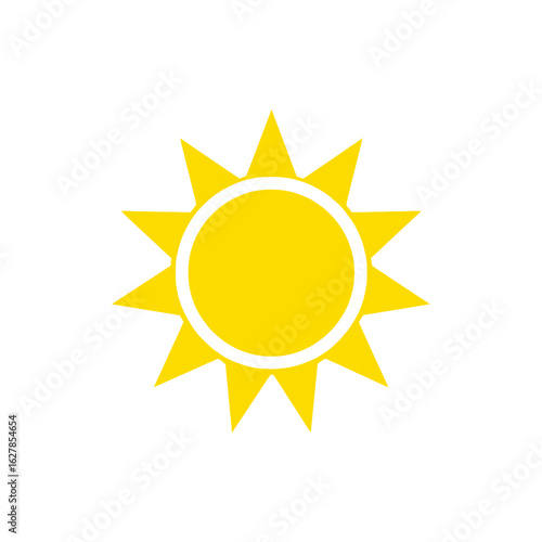 Bright yellow sun icon with sharp rays on white background