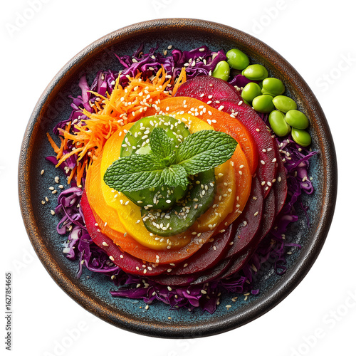 Layered rainbow vegetable salad with sliced tomatoes, beets, cucumbers, shredded carrots, edamame, purple cabbage, sesame seeds, and fresh mint garnish