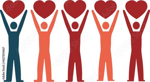 Five People in Silhouette Holding Red Hearts Upwards group unity