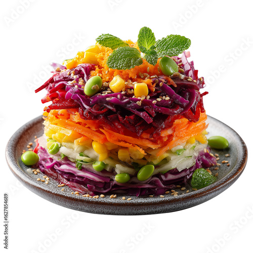 Stacked rainbow salad with shredded beets, carrots, cabbage, corn, edamame, sesame seeds, and fresh mint garnish