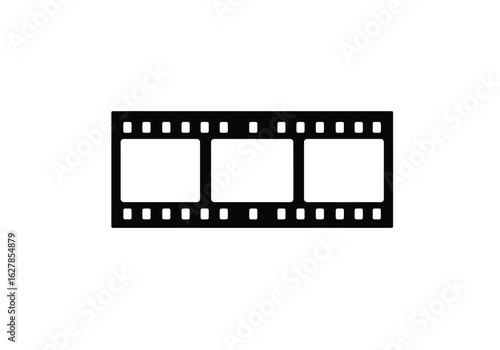 Camera film drawing. It is a black and white outline drawing of a film strip with three frames, representing classic photography, cinema, and captured moments. Vector sketch line art draw.