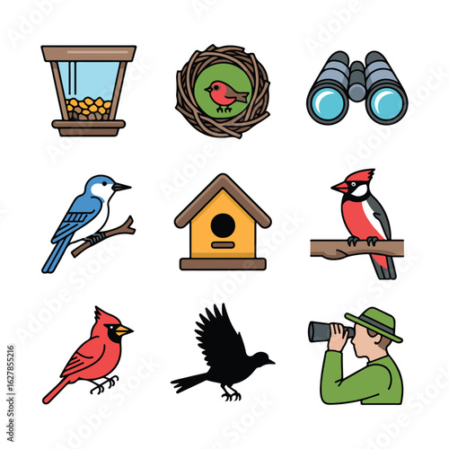 Bird watching icons including feeder nest binoculars birdhouse blue jay cardinal silhouette and man bird feeder