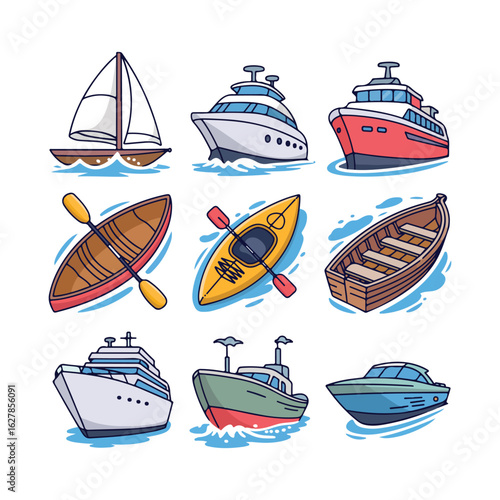 Collection of nine cartoon boats and watercraft on white background sailboat yacht