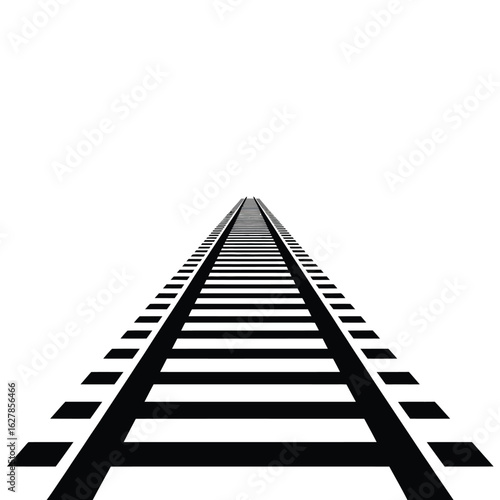 Perspective view of black and white train tracks stretching into the distance