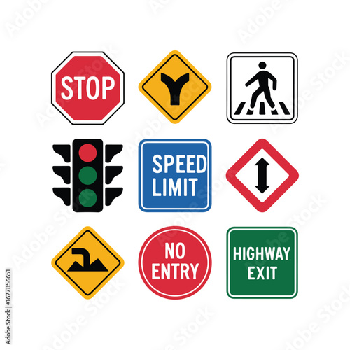 Collection of nine traffic and road safety signs including stop sign traffic light speed limit pedestrian crossing no entry and highway exit