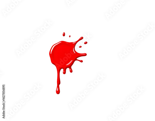 Vibrant Red Paint Splatter with Droplet and Transparent Backdrop